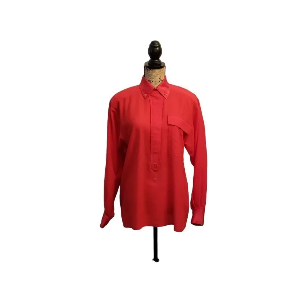 Vintage Escada Red Long Sleeve Wool 1/2 Button Down Top Size 6 - Picture 16 of 16